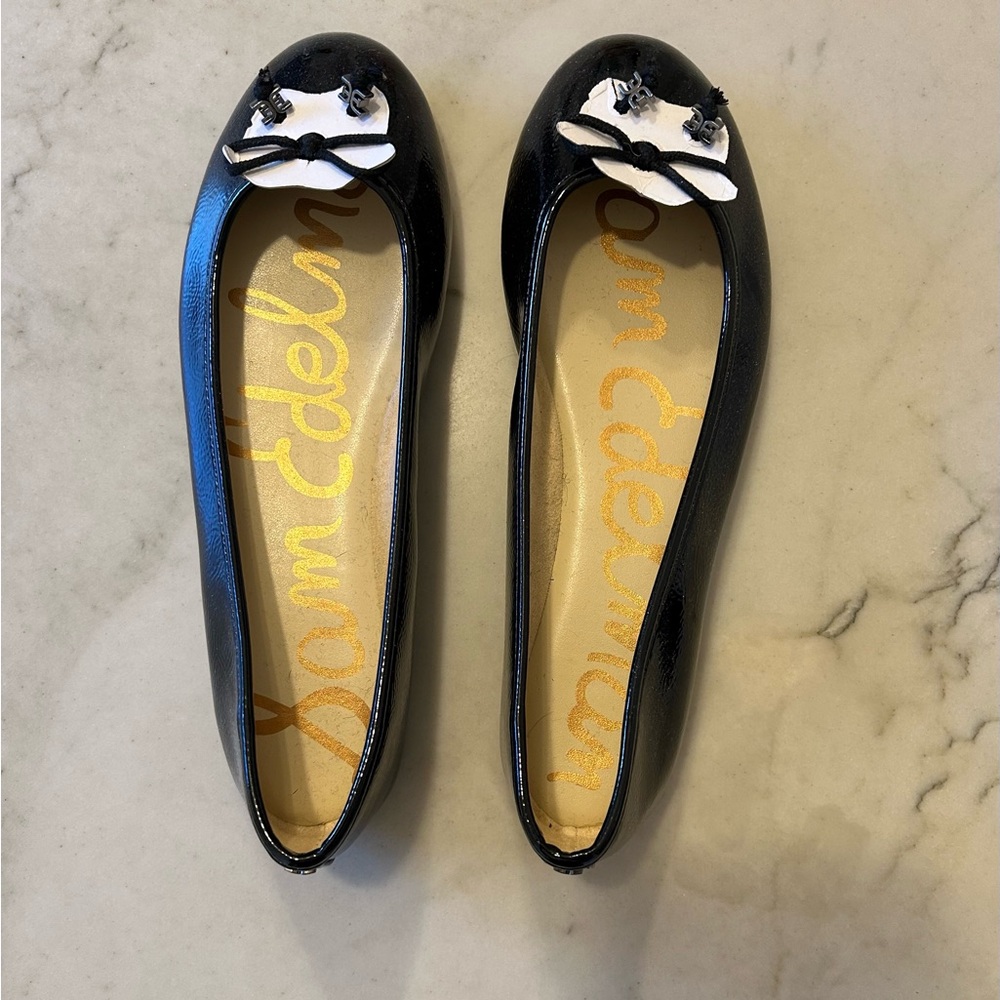 Sam Edelman Black Patent Ballet Flats with White Bow